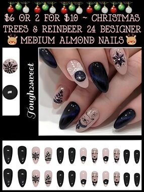 🆕$6 OR 2 FOR $10 ~ CHRISTMAS TREES & REINDEER 24 DESIGNER MEDIUM ALMOND NAILS